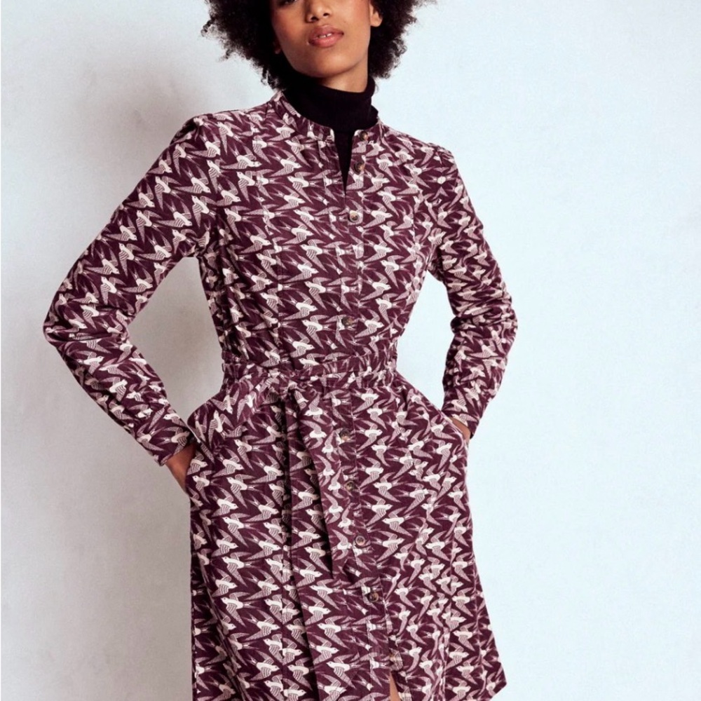 Bre Cord Short Dress-Dark Cherry, Swooping Swallow